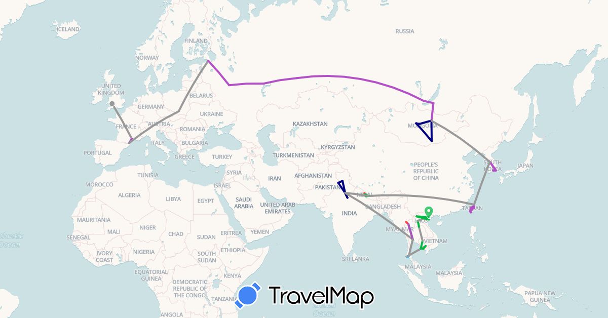 TravelMap itinerary: driving, bus, plane, train, hiking, boat in France, United Kingdom, India, Cambodia, South Korea, Laos, Mongolia, Nepal, Poland, Russia, Thailand, Taiwan, Vietnam (Asia, Europe)